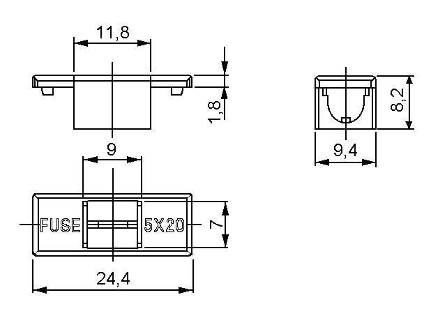 Zekering houder 5x20mm met deksel PCB zwart PTF78S BS232 afmetingen 02